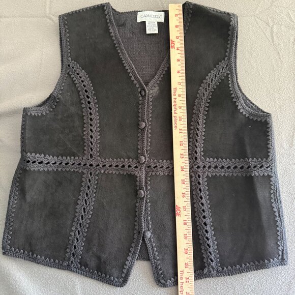 VTG Cabin Creek Leather/Knit Button Front Vest Crochet Trim Women Medium Black - Picture 3 of 8